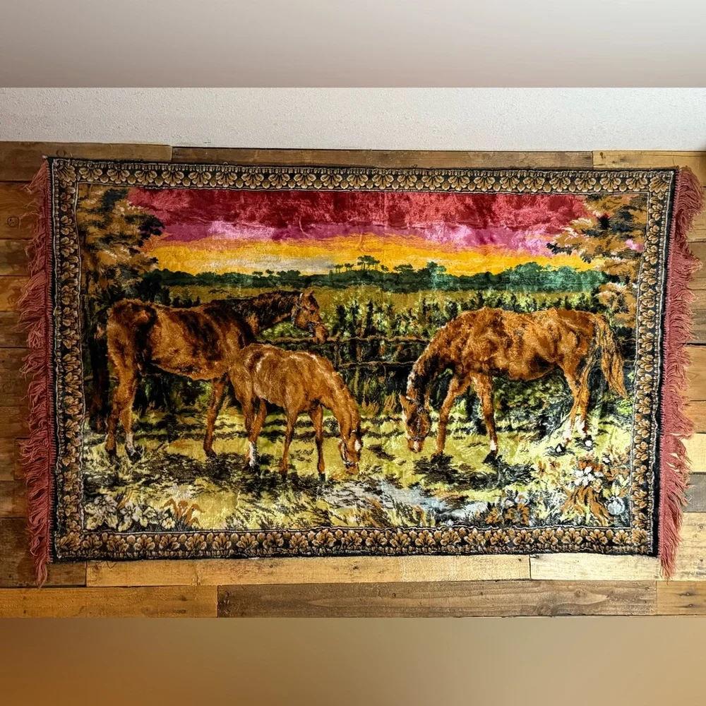 WALL ART VINTAGE 70S? HORSES CARPET RUG 58x36‎ BIG LARGE TAPESTRY